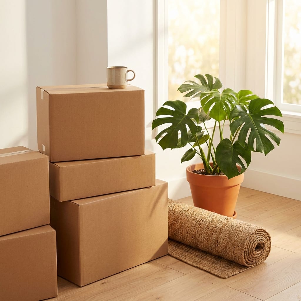 Neatly stacked moving boxes with a plant and coffee cup