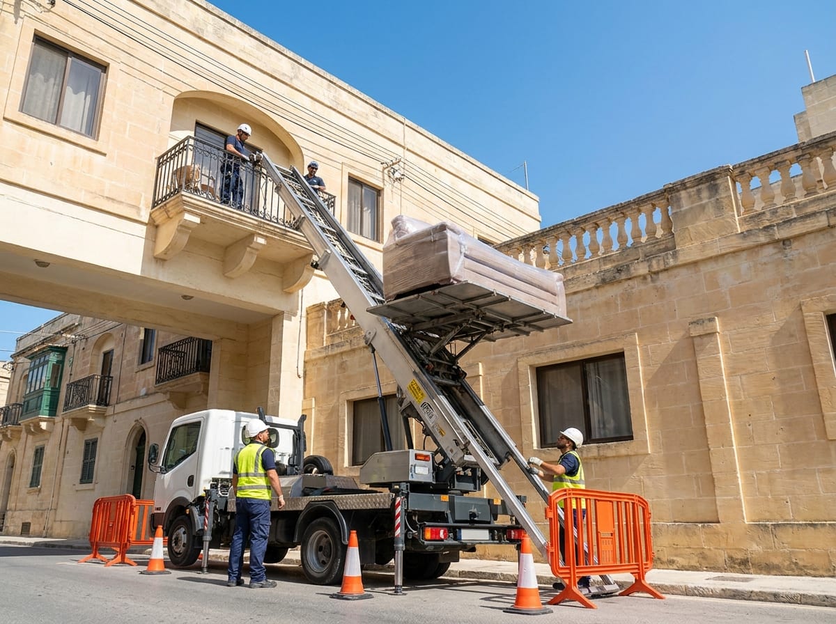 Furniture hoist lifting a wrapped sofa toward an apartment balcony