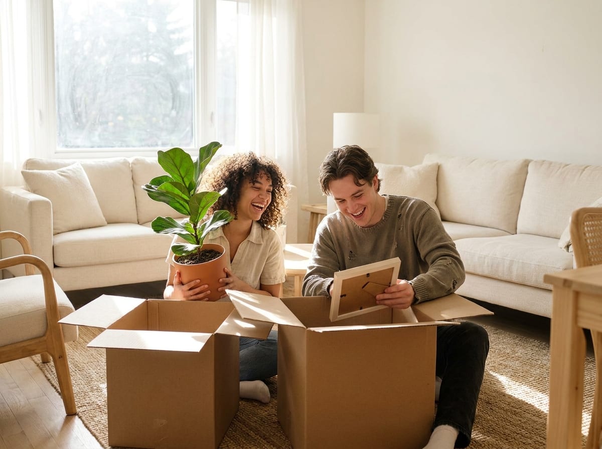 Happy young couple unpacking boxes in their new living room
