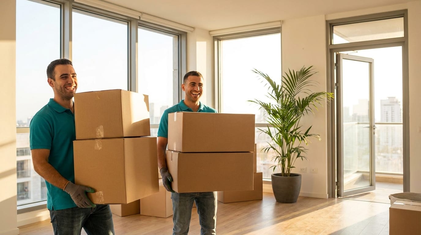 Two Best Guys Movers crew members carrying boxes into a bright apartment