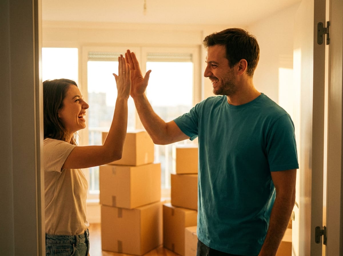 Smiling mover high-fiving a happy customer at their new front door