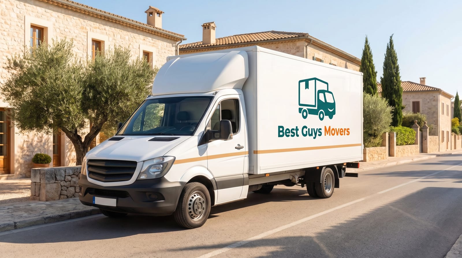 Clean modern Best Guys Movers truck on a sunny city street