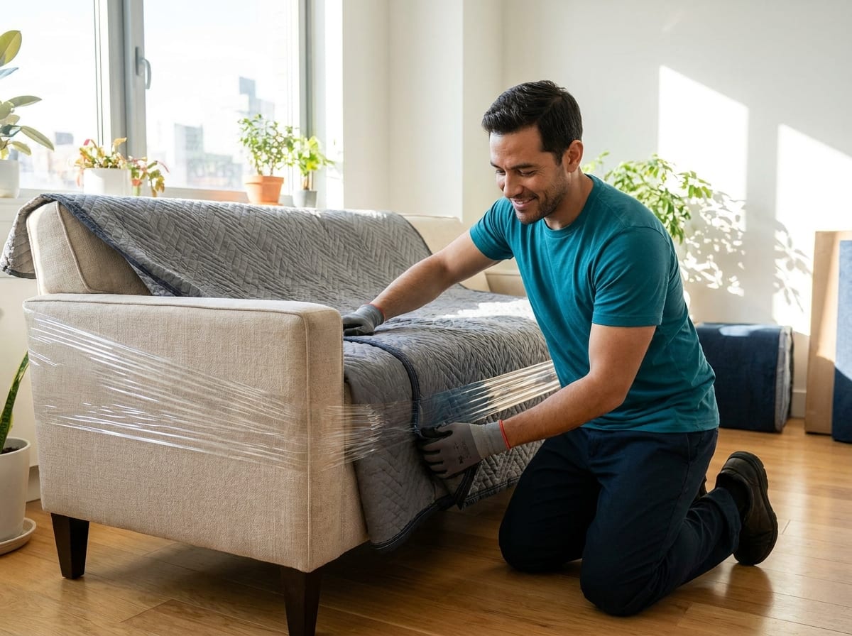 Professional mover carefully wrapping a sofa in protective blankets